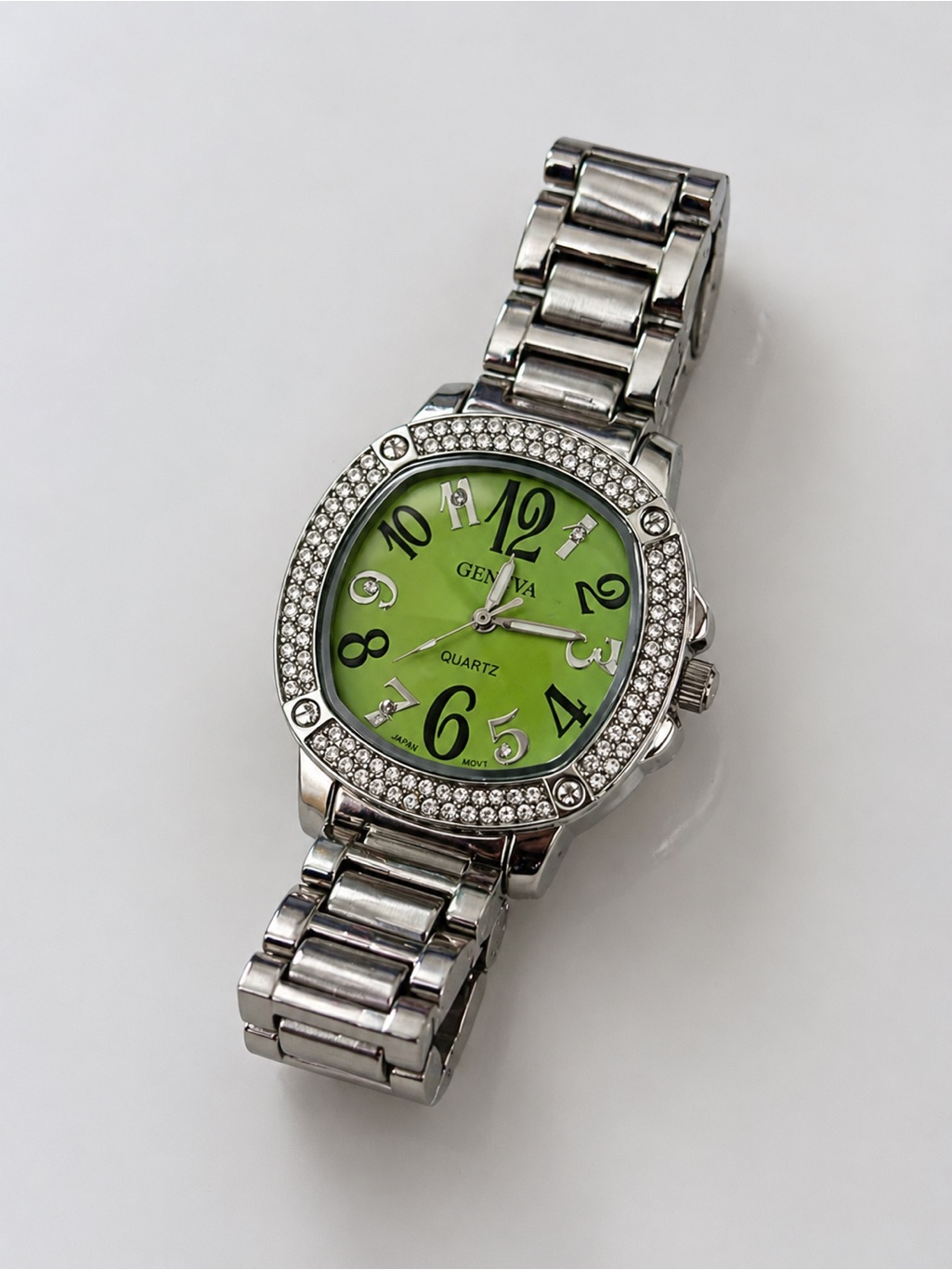 Geneva SilverTone Bracelet Watch With Bright Green Dial And Crystal Accents